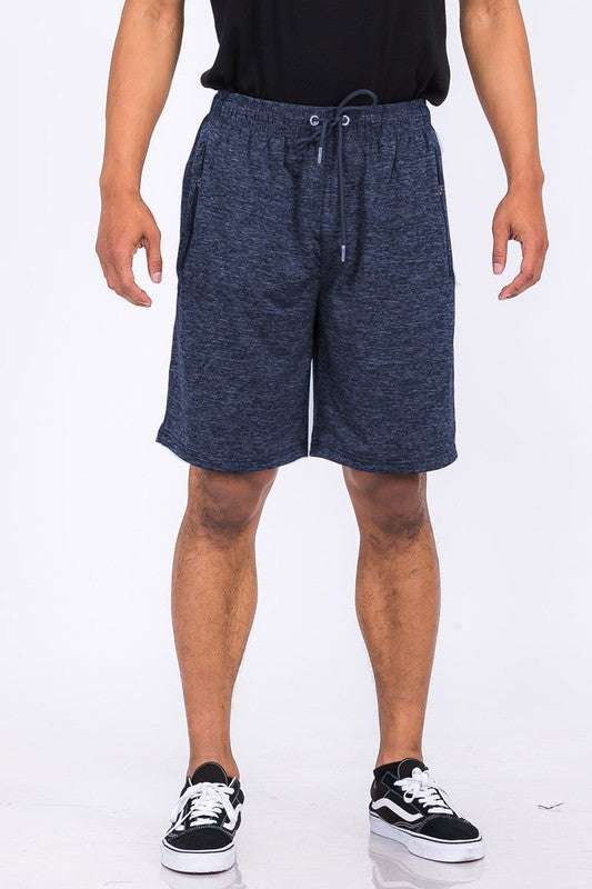 Weiv Marbled Active Running Shorts with elastic waist and zippered pockets.
